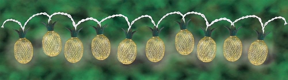 Warm white LED string lights featuring translucent yellow pineapple-shaped covers on a white cord.