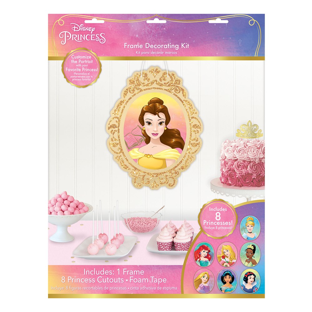Disney Princess glitter wall frame featuring Belle with a gold ornate border, pink gradient background, and matching.