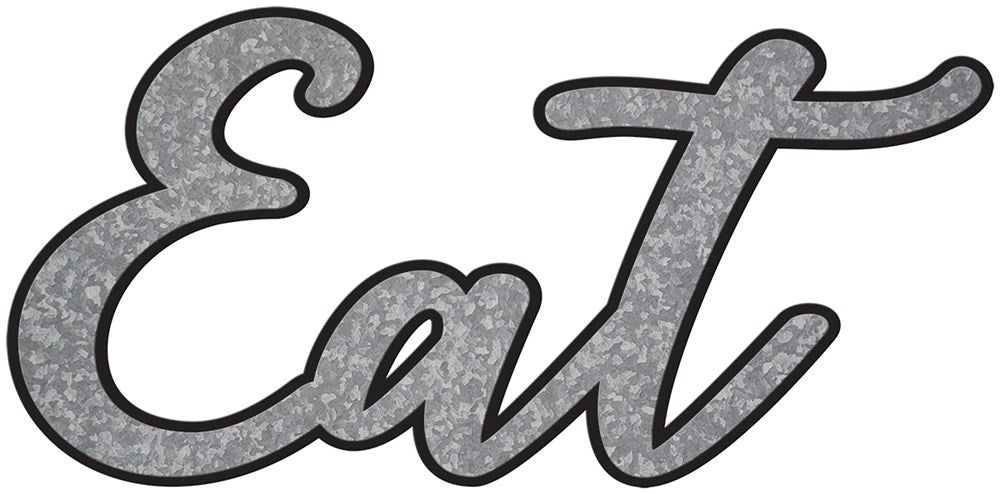 Silver glitter script lettering spelling "Eat" with a black outline on a white background.