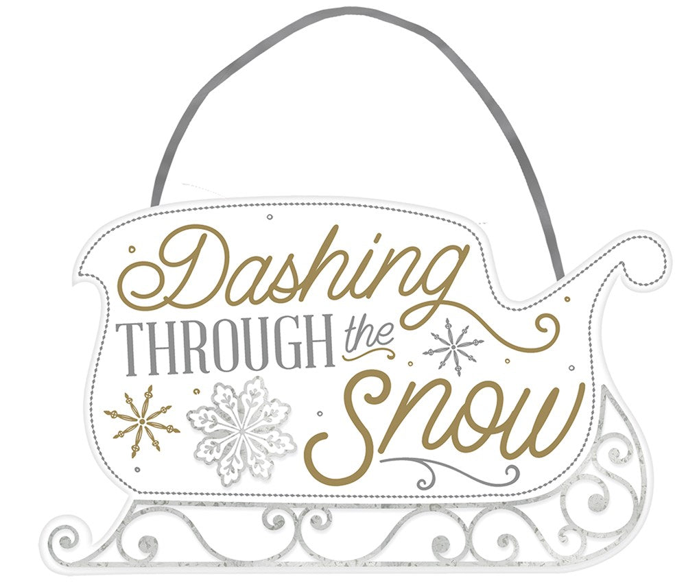 White MDF sleigh-shaped hanging sign with gold and silver "Dashing Through the Snow" text and snowflake designs.