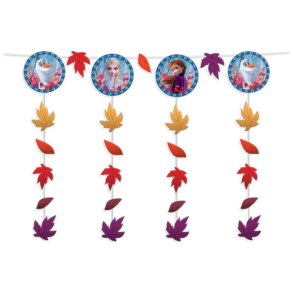 Frozen 2 hanging decoration with circular character cutouts of Elsa and Anna, featuring red, orange, yellow, and purple.