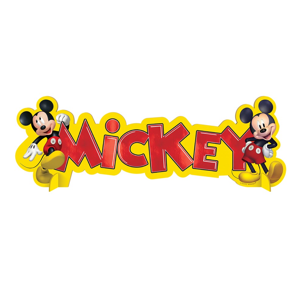 Bright yellow table decoration with red "Mickey" text and two playful Mickey Mouse figures on each end.