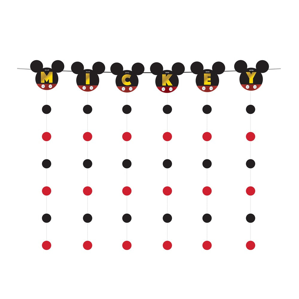 Disney Mickey Mouse head-shaped banner letters with black, red, and yellow hanging beads on white background.