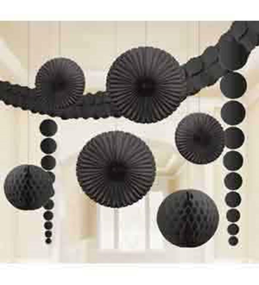 Nine-piece jet black party decoration set featuring hanging fans, paper lantern, honeycomb balls, and garlands.