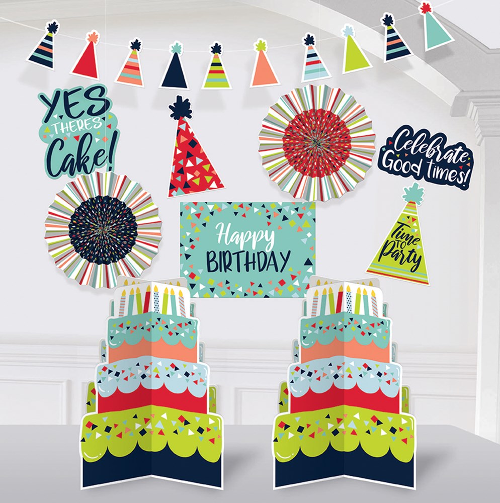 Colorful birthday banner with party hats, floral fan decorations, a "Happy Birthday" sign, and two tiered cake-shaped.