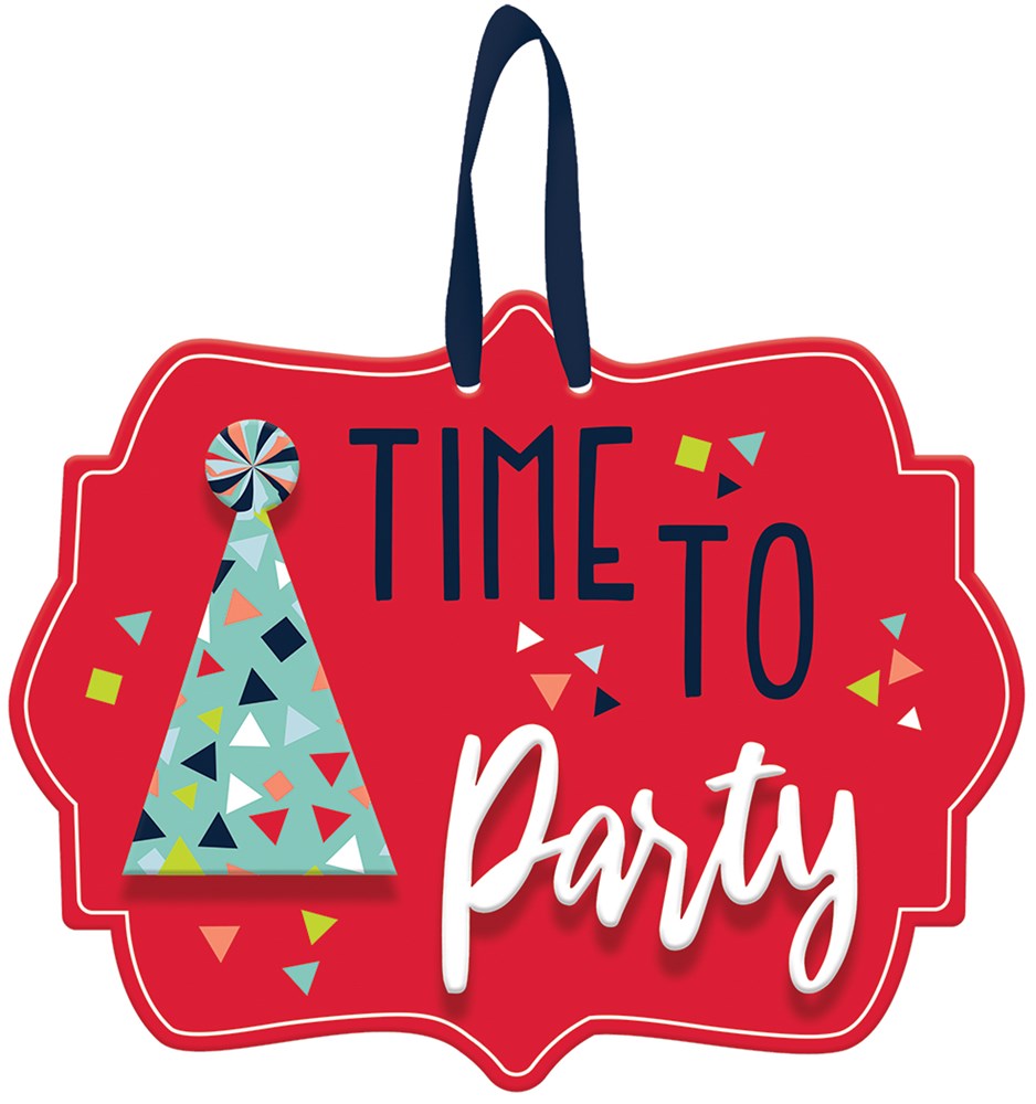 Red scalloped sign with "Time to Party" text, blue party hat with colorful confetti and navy hanging ribbon.
