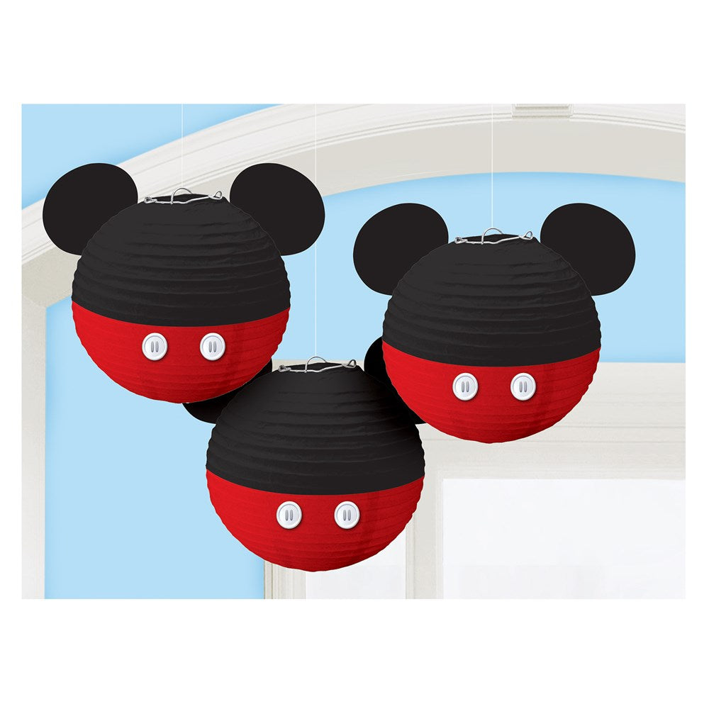 Set of three round paper lanterns styled as Mickey Mouse with black top, red bottom, white buttons, and black ears.