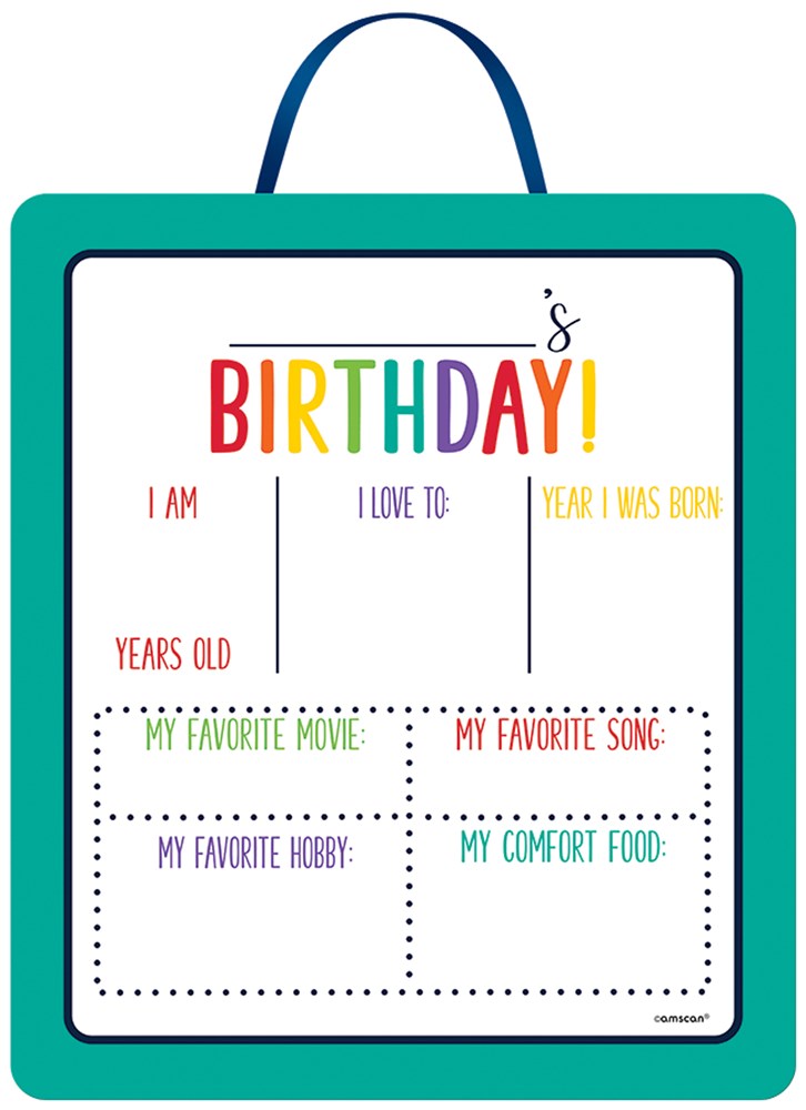 White birthday sign with colorful rainbow text, sections for filling in age, favorites, and year born, blue hanging handle.
