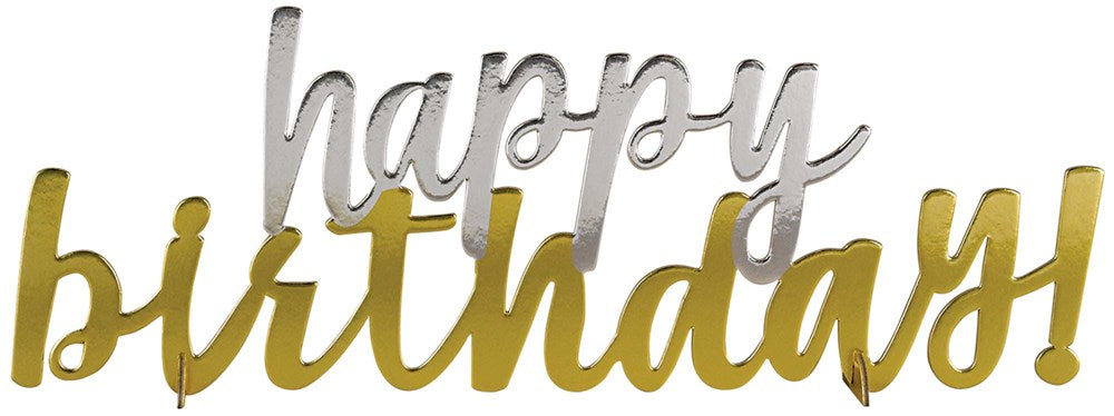 Silver "happy" and gold "birthday!" script centerpiece letters in metallic finish.