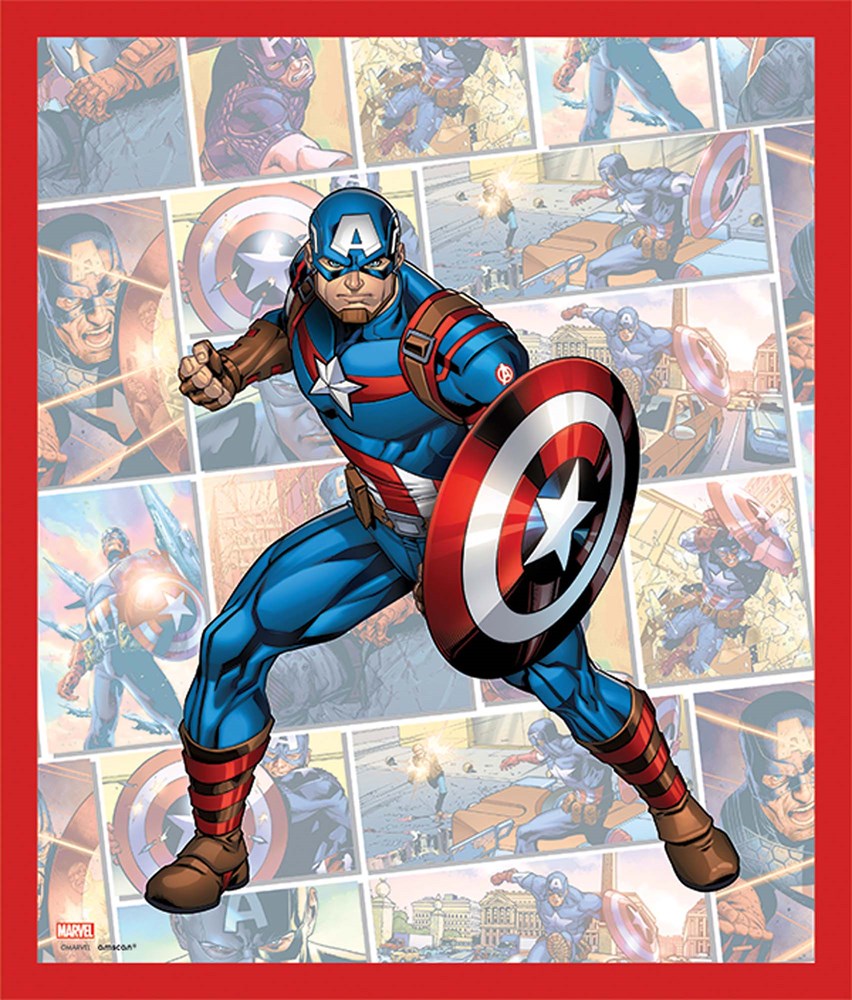Captain America wall frame cutout with shield in front of comic book panels background.