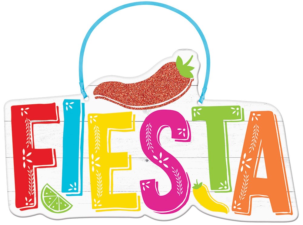 Colorful Fiesta hanging sign with bold letters, chili pepper graphic, and blue string loop.
