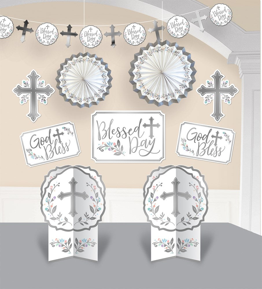 Communion-themed party kit with silver and white cross garland, scalloped paper fans, and folded table decorations featuring