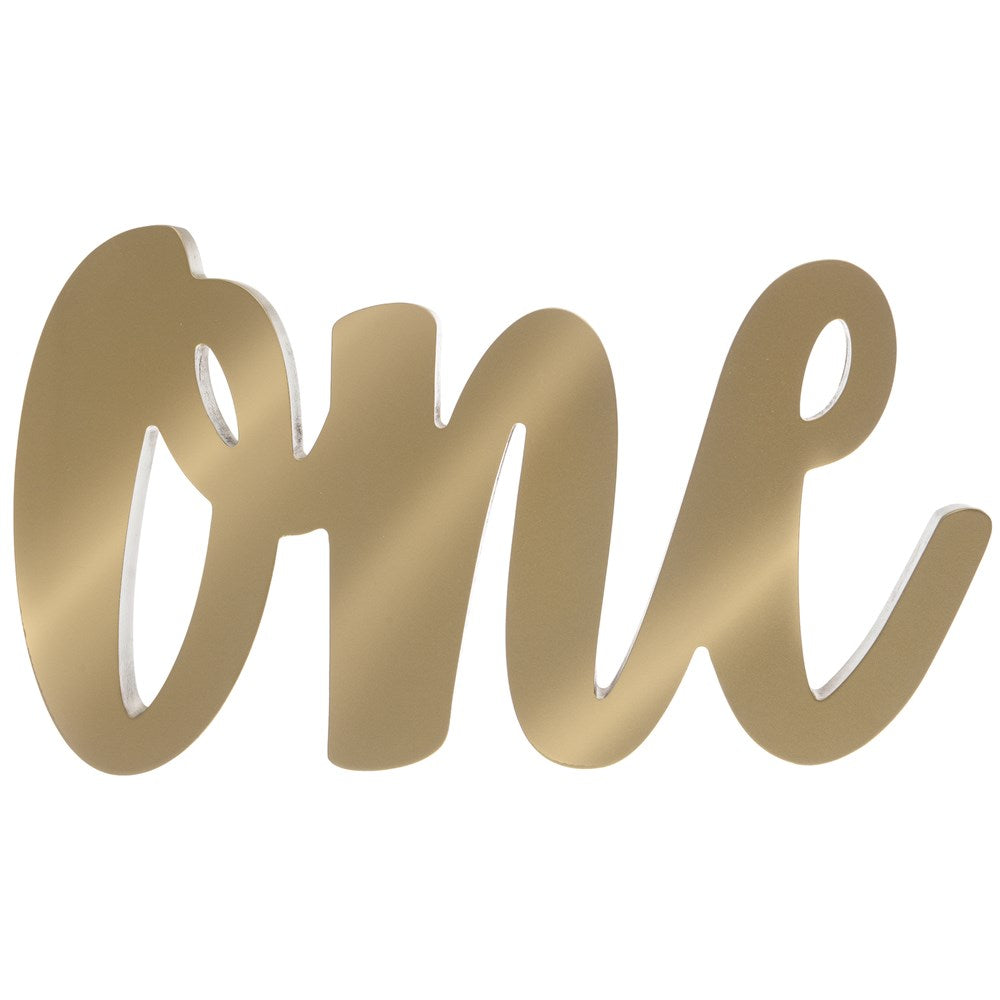 Gold metallic cursive "one" standing sign with smooth edges for birthday decoration.