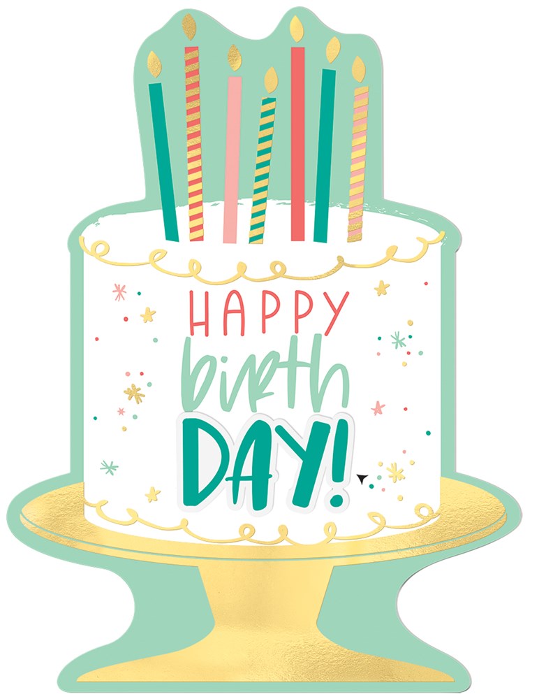 Round white birthday cake-shaped cardboard sign with colorful candles and "Happy Birth Day!" text on gold pedestal stand.