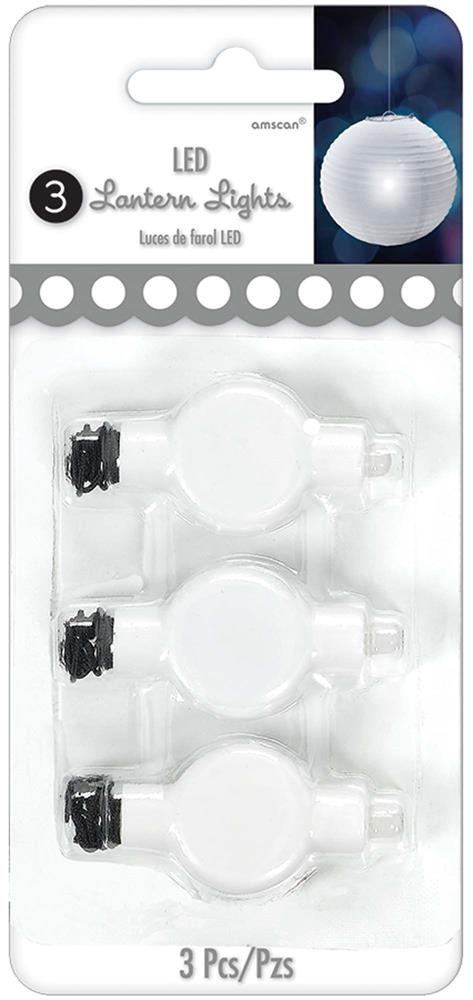 Three white round LED lantern lights with black clips on a blister card packaging.