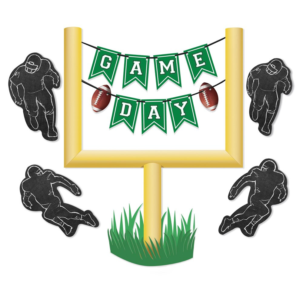 Green pennant banner spelling "GAME DAY" with brown footballs, framed by a yellow goalpost and four black football player.
