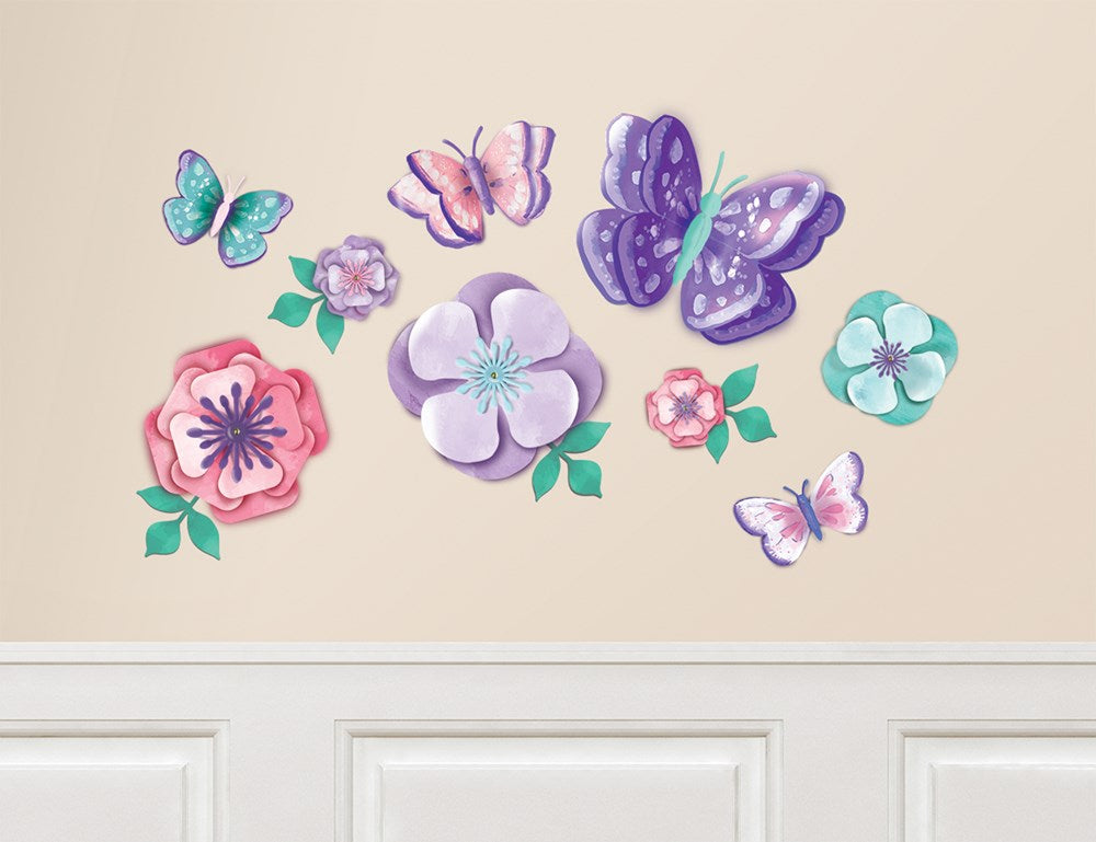 Colorful paper wall decorations featuring butterflies in blue, purple, and pink, and flowers in shades of pink, lavender,.