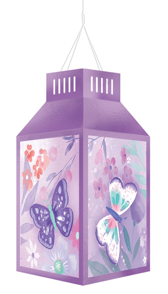 Set of five purple paper lanterns featuring butterfly designs and floral accents, hanging style.