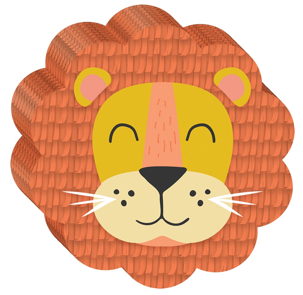 Round orange lion face birthday decoration with textured mane and smiling expression.