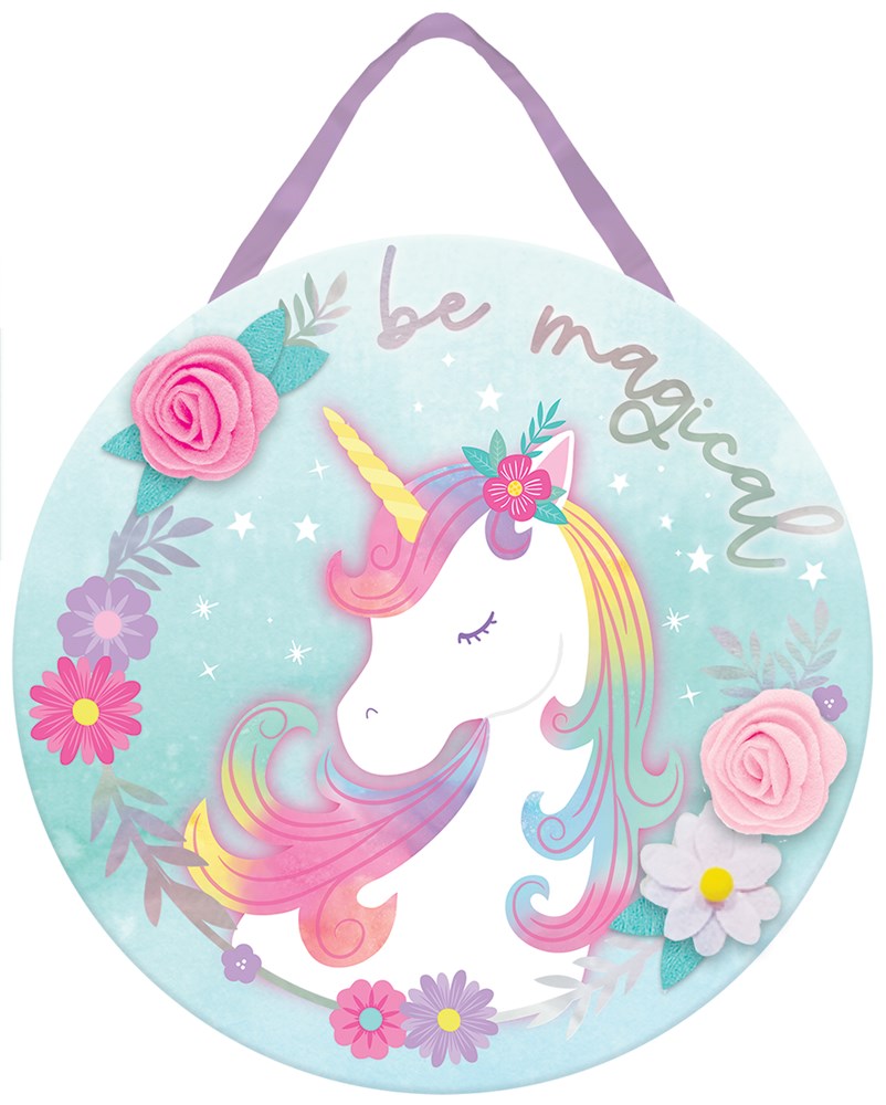 Round pastel blue chair sign with a smiling unicorn, colorful mane, flowers, and "be magical" text in rose gold script.
