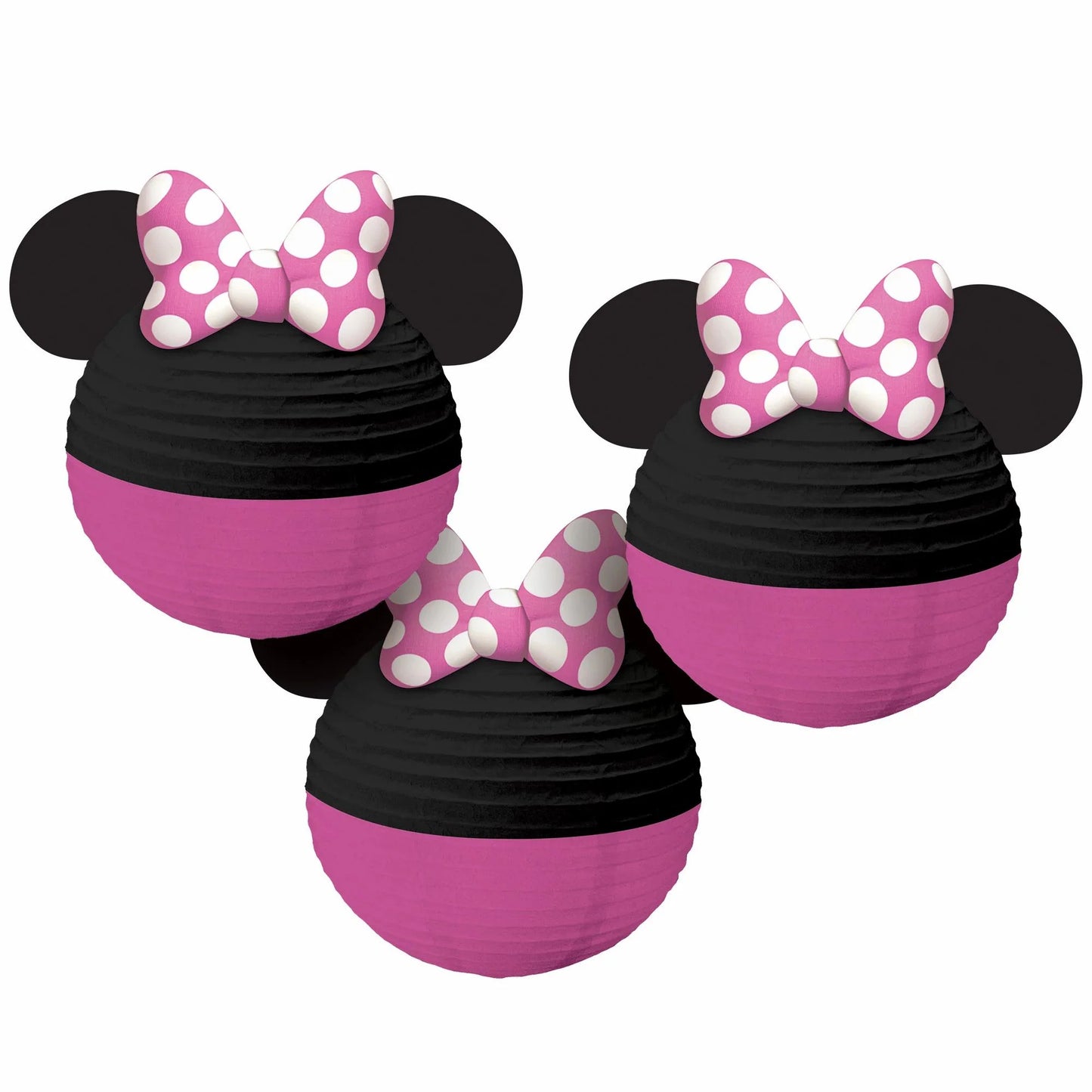 Three round paper lanterns shaped like Minnie Mouse heads with black ears, black upper halves, and pink lower halves, each.