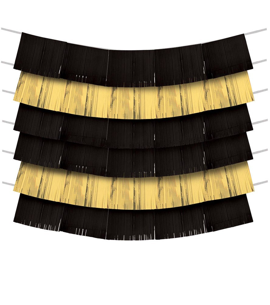 Black and gold foil fringe backdrop strips alternating in nine-piece set.