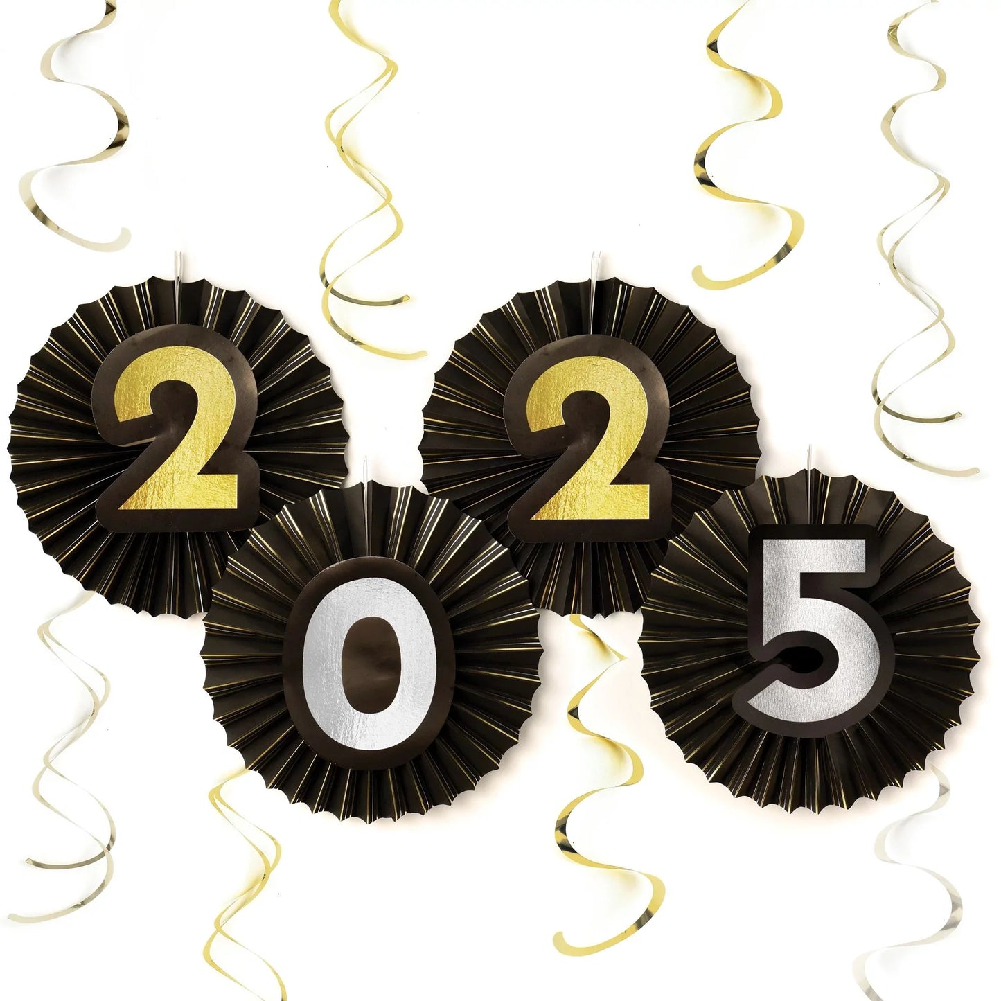 Black paper fans with gold and silver numbers 2, 0, 2, 5, and hanging gold and silver swirl decorations.