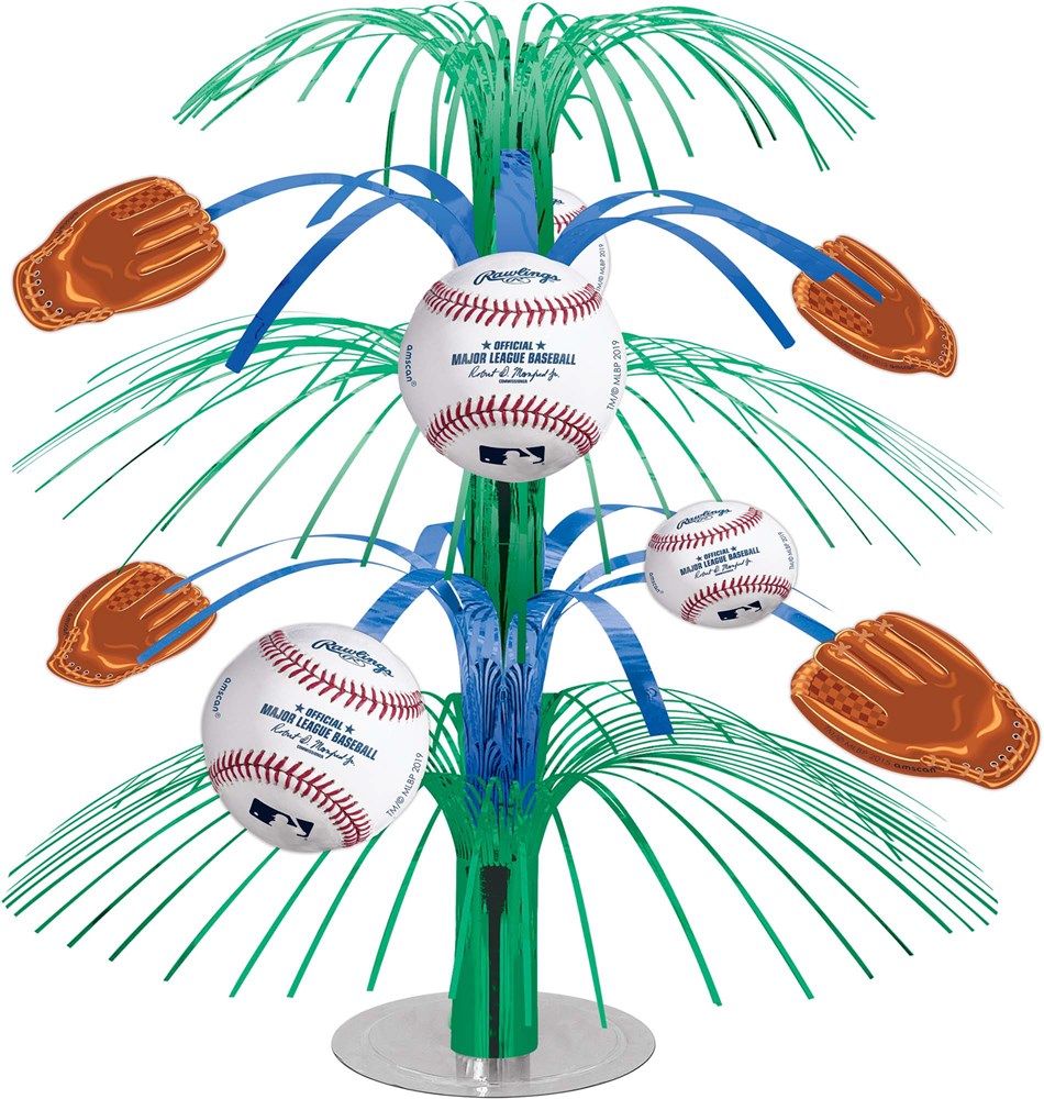 Baseball-themed centerpiece with green and blue foil streamers and hanging baseballs and brown gloves.