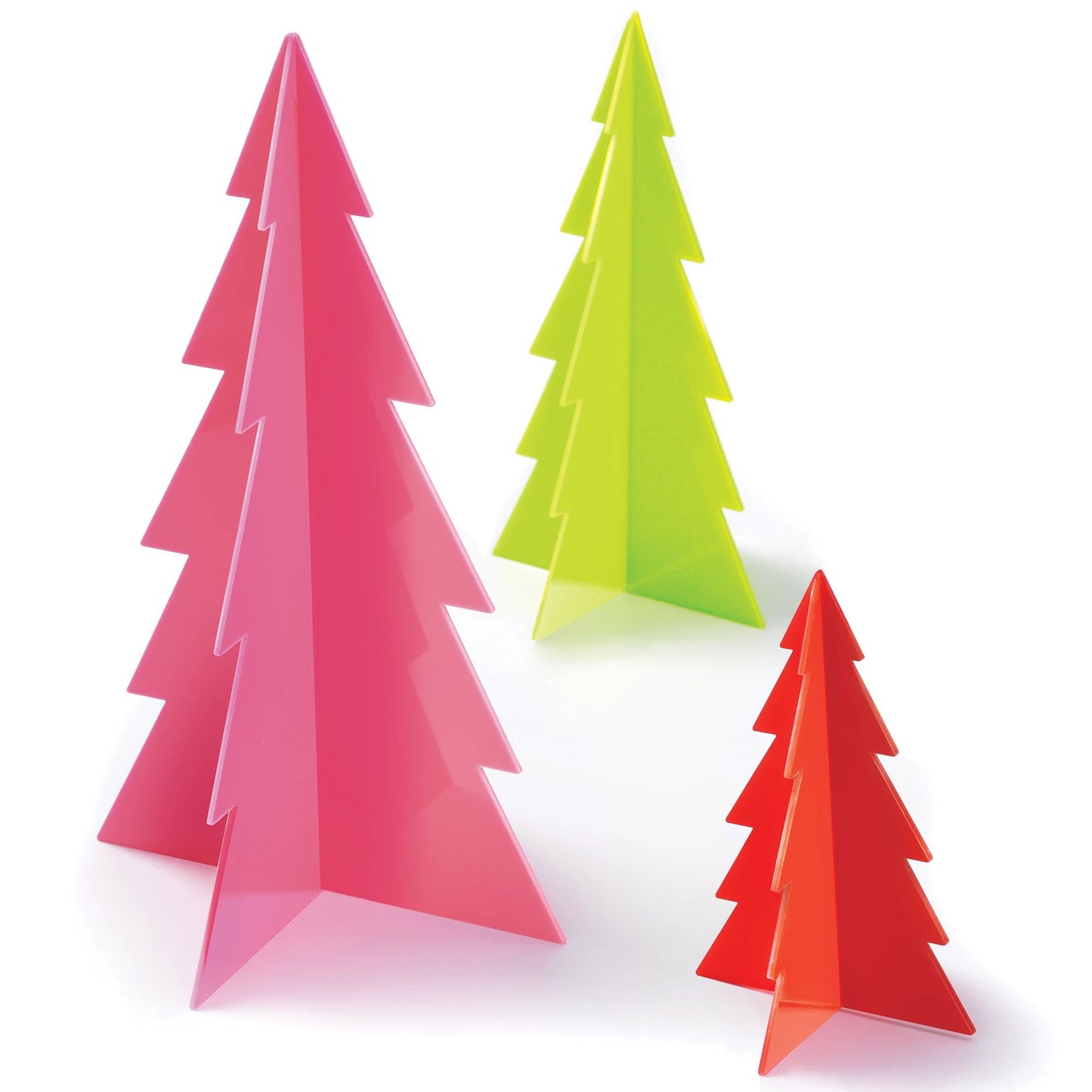 Set of three acrylic Christmas trees in pink, lime green, and red with layered triangular branches.