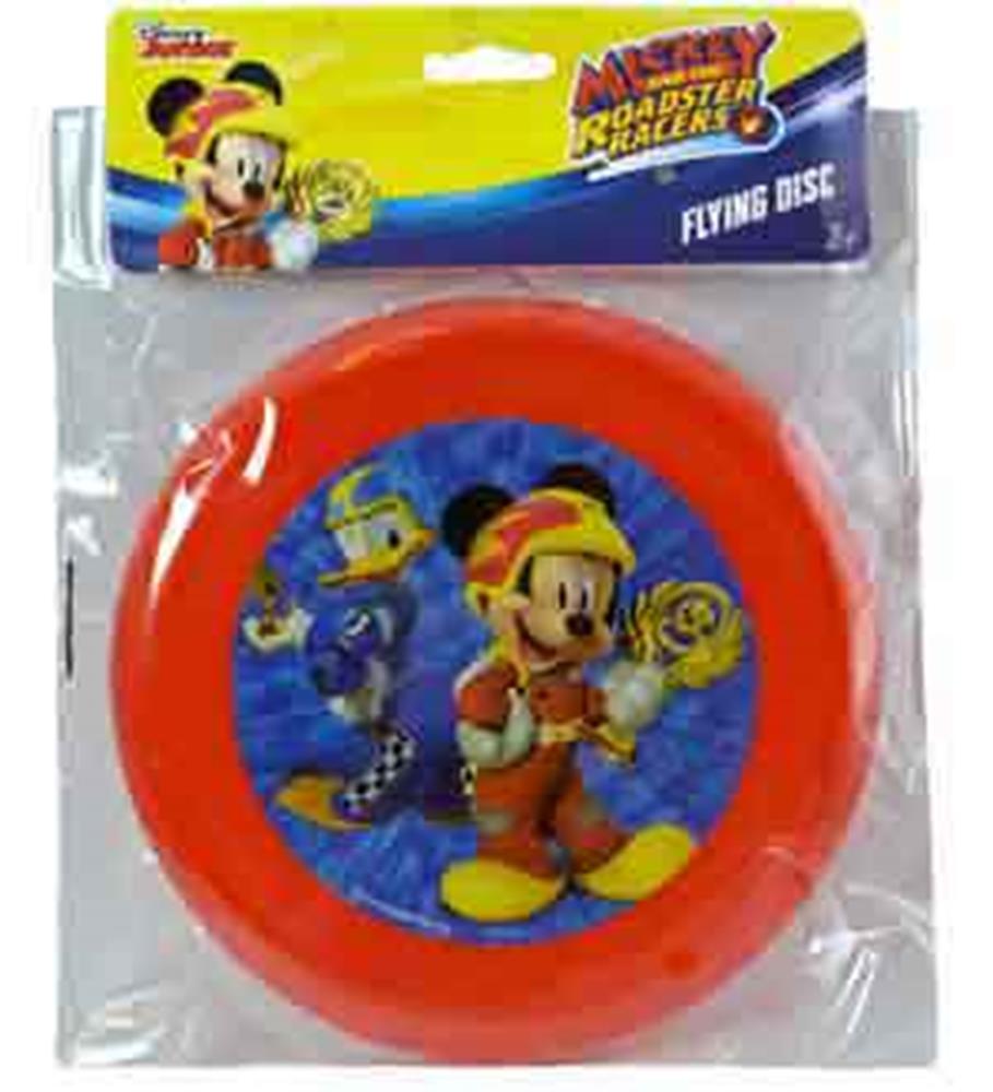 Red plastic flying disc featuring Mickey Mouse and Donald Duck racing on a blue background.
