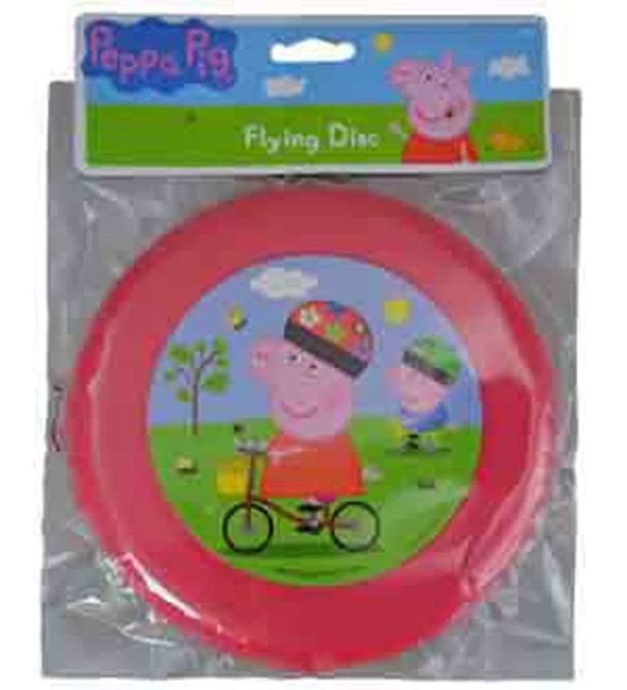 Red Peppa Pig flying disc with cartoon characters riding bikes on a grassy background.