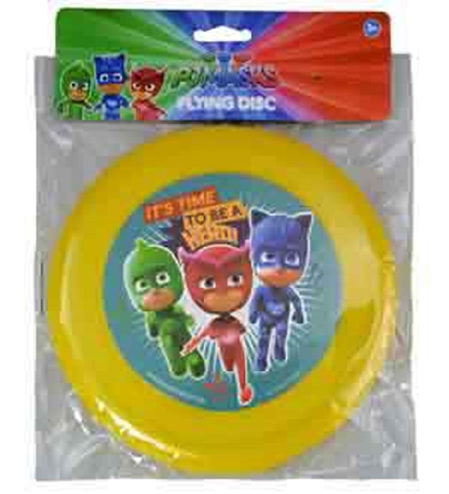 Yellow plastic flying disc featuring PJ Masks characters Catboy, Owlette, and Gekko in action poses on the center circle.