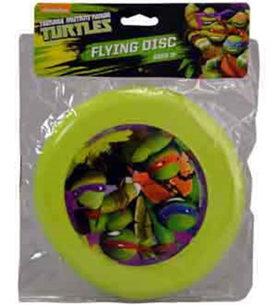 Bright green circular flying disc featuring Teenage Mutant Ninja Turtles graphic in the center, plastic material.