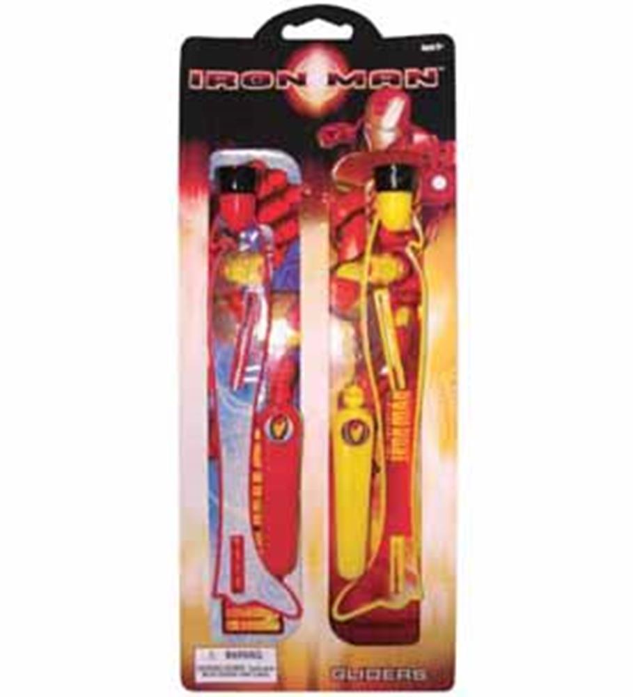 Two Iron Man-themed gliders in red and yellow colors with printed superhero graphics on packaging cards.