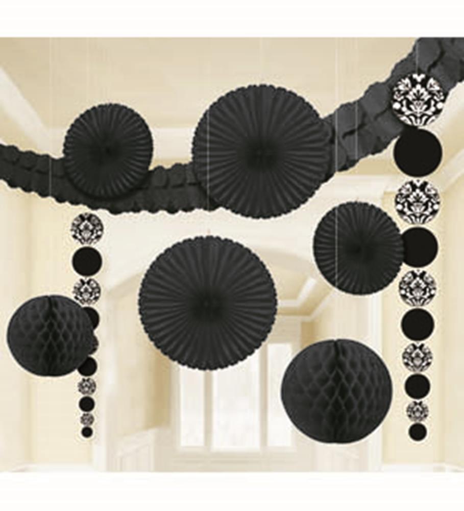 Black damask-patterned party decoration kit with fans, honeycomb balls, and hanging paper circles.