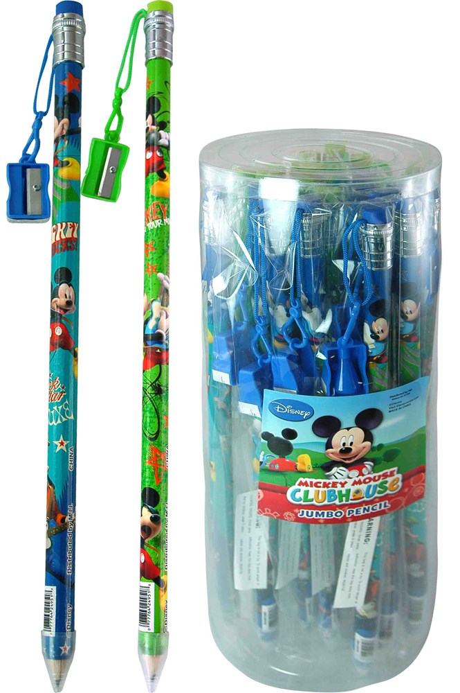 Two colorful jumbo pencils featuring Mickey Mouse designs in blue and green, each with a detachable sharpener cap, packaged.