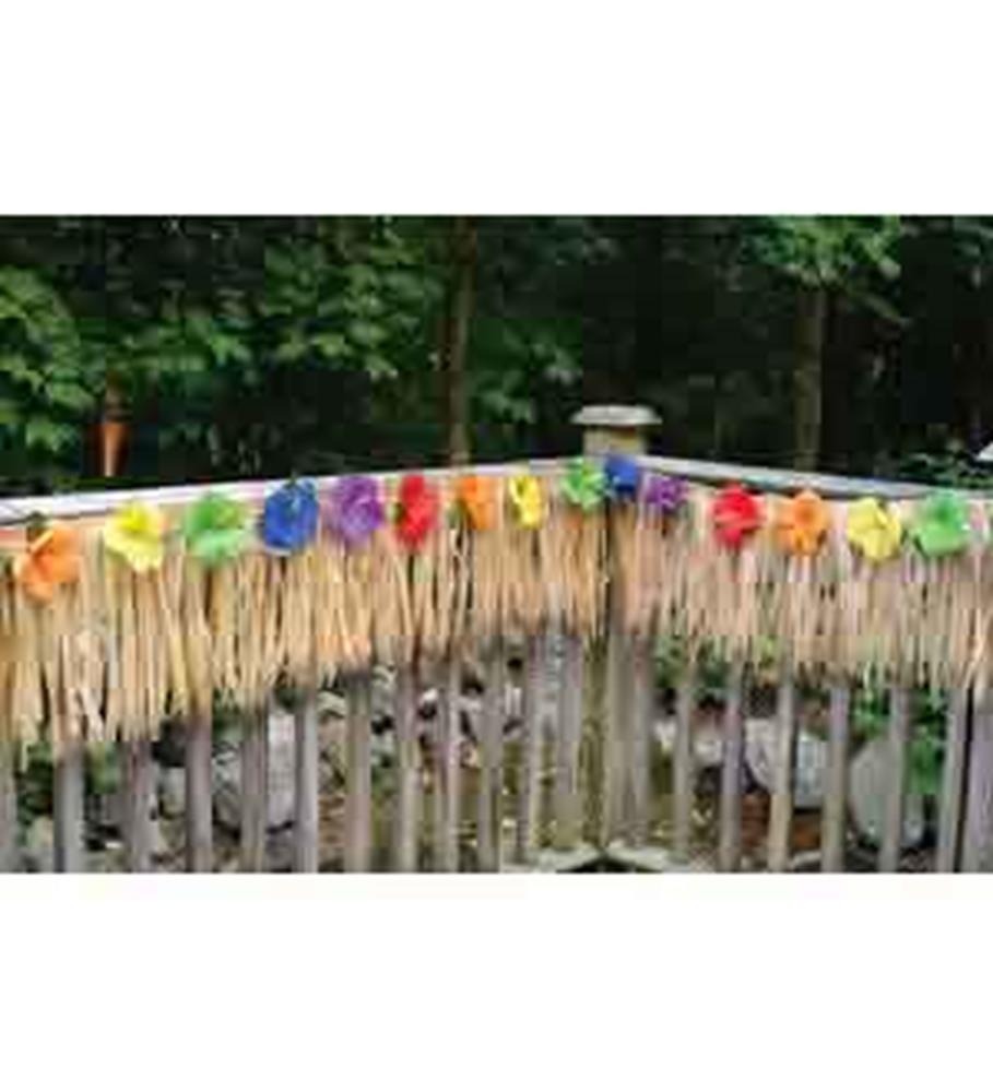 Natural tan raffia deck fringe decorated with colorful tropical flowers in red, yellow, orange, purple, and green.