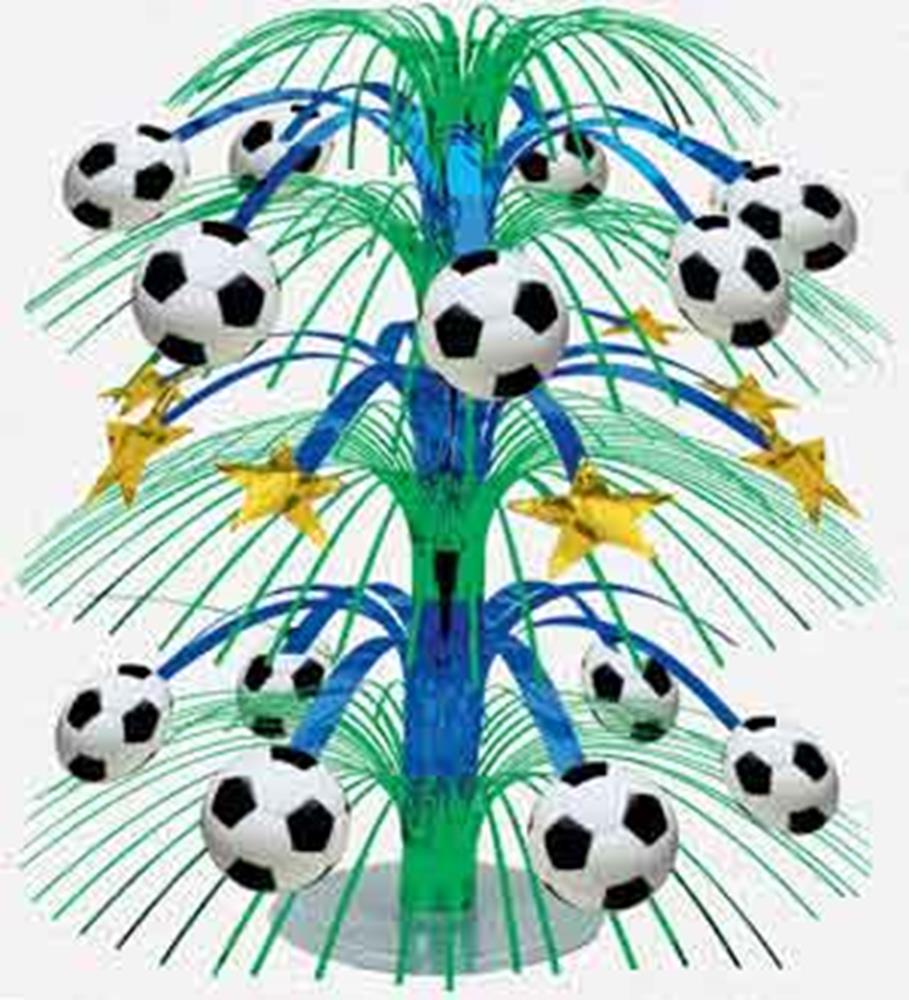 Blue and green plastic centerpiece with black and white soccer balls and gold star accents.
