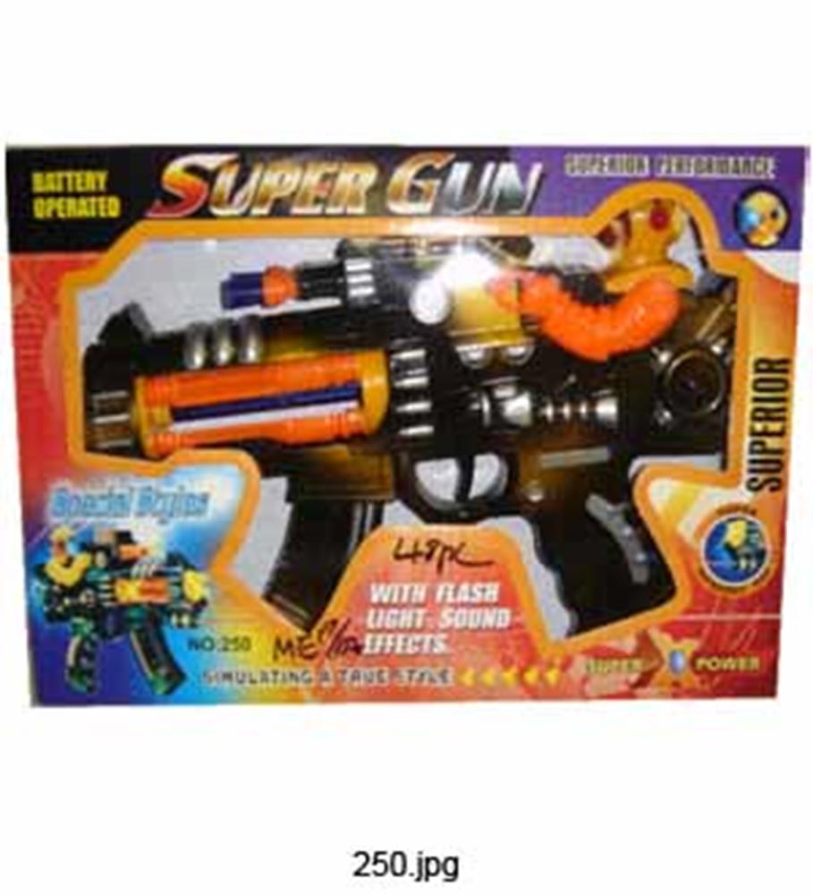Black and orange battery-operated toy gun with trigger, barrel, and flash light features in colorful packaging.