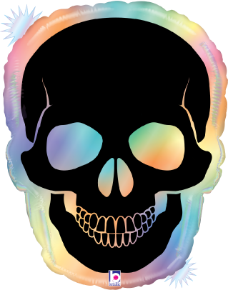 22-inch holographic foil balloon shaped like a black skull with iridescent rainbow edges and reflective eye sockets.