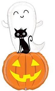60-inch white ghost foil balloon with smiling face, black cat, and orange jack-o'-lantern base.
