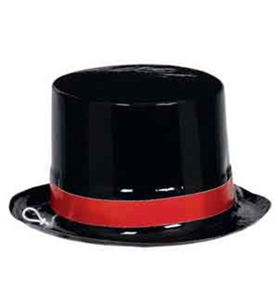 Glossy black mini top hat with red satin ribbon band around the base.