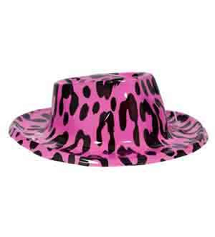 Pink mini hat with black leopard print pattern and rigid brim.