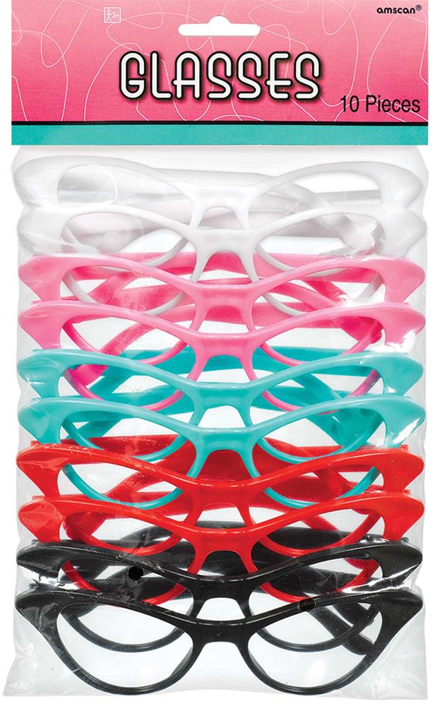 Ten pairs of colorful plastic cat-eye glasses in white, pink, teal, red, and black in a party pack.