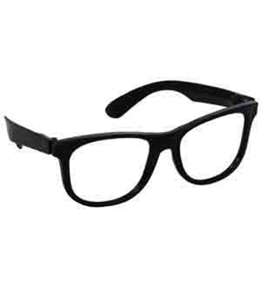 Black plastic classic 1950s style glasses with thick rectangular frames and clear lenses.