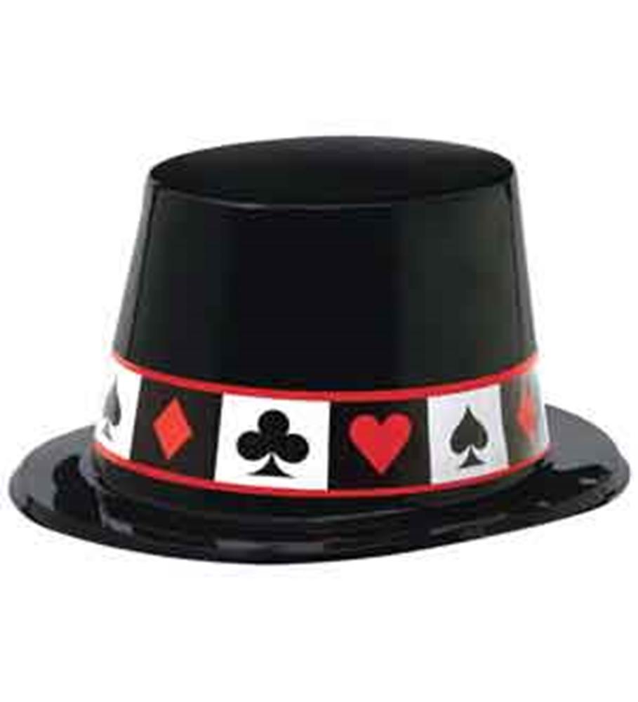 Black plastic casino-style hat with red, black, and white card suit symbols band.