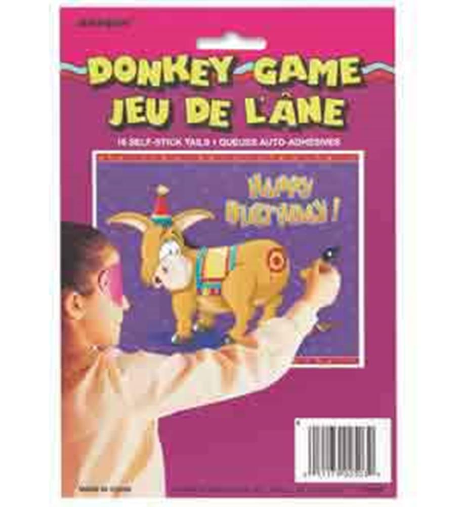Donkey game with colorful cartoon donkey and "Happy Birthday" text on bright purple and pink packaging.