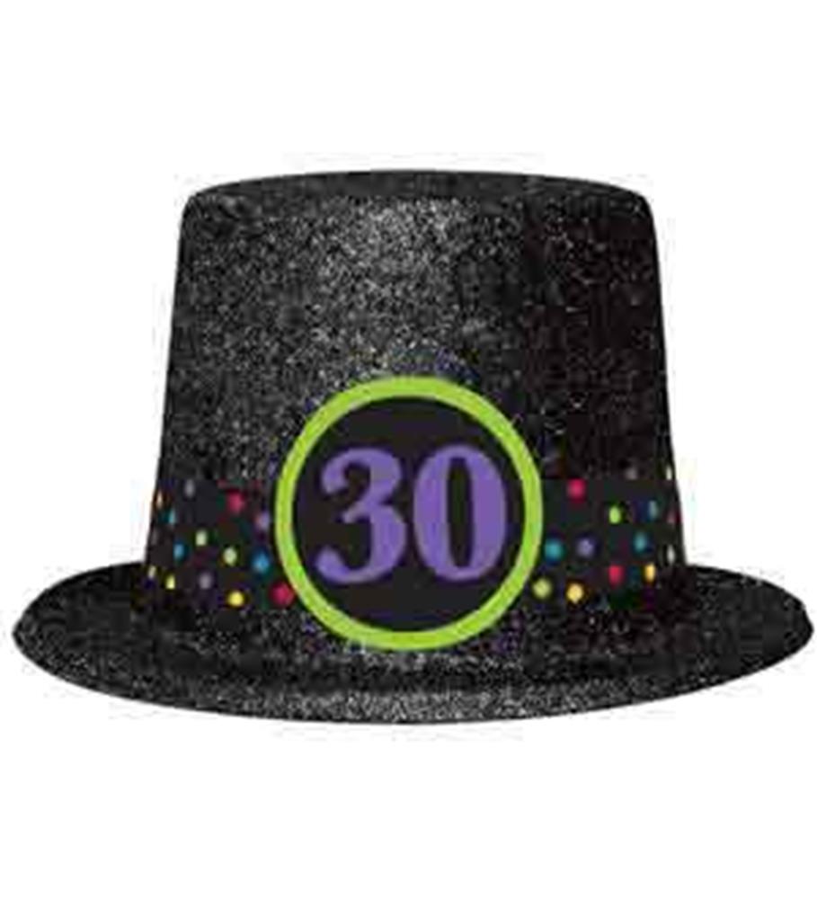 Black glitter top hat with multicolor polka dot band and green-bordered purple "30" emblem.