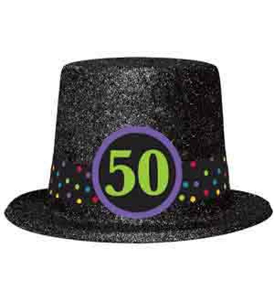 Black glitter top hat with multicolored polka dots and green "50" badge in purple circle.