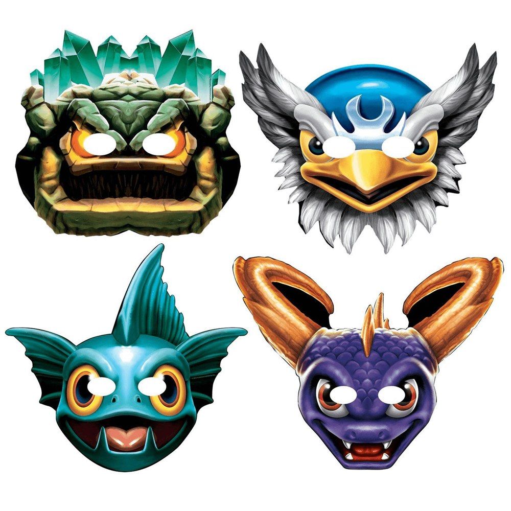 Four colorful Skylanders-themed paper masks featuring a green rock monster, blue bird with black feathers, turquoise fish.